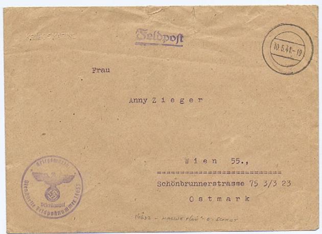 Kriegsmarine, FP-Bf.mit stummen Stpl.10.5.41 nach Wien. Mit Inhalt (maschinengeschriebener Brief). Umschlag mit Prägedruck 