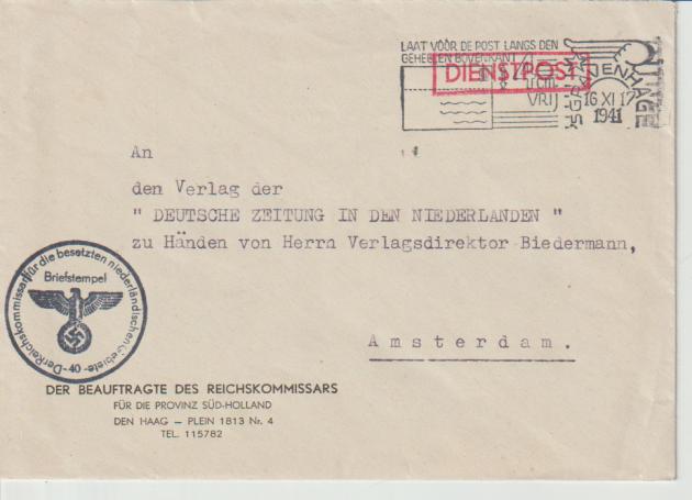 Dienstpost, MWS S´Gravenhage 16 XI 1941, DS Der Reichskommissar für die besetzten niederländischen Gebiete