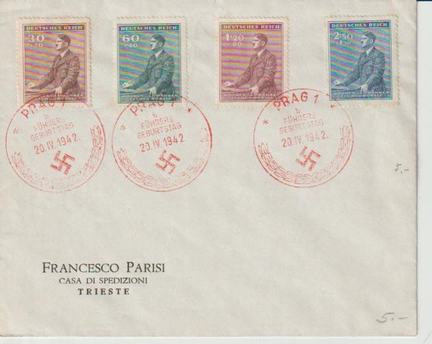Mi. 85/88, Prag 20.IV.42, Führers Geburtstag, auf blanko-Umschlag