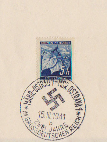 SST MÄHR.-OSTRAU, Zwei Jahre im Grossdeutschen Reich, 15.III.41, auf Vorlage mit Mi. 20