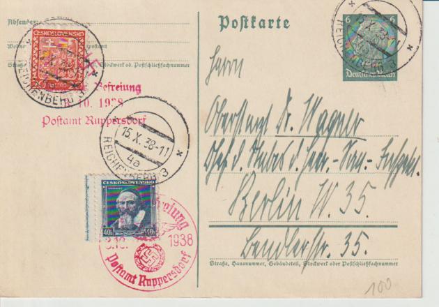 Reichenbach/ Postamt Ruppersdorf, DR-Karte, NST Tag der Befreiung 3.10.38 nach Berlin, 15.X.38, seltener Bedarf