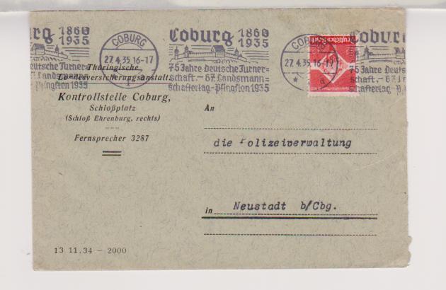 Mi. 572 EF Coburg 27.4.35, BRS Coburg 1860-1935 - 75 Jahre deutsche Turnerschaft...
